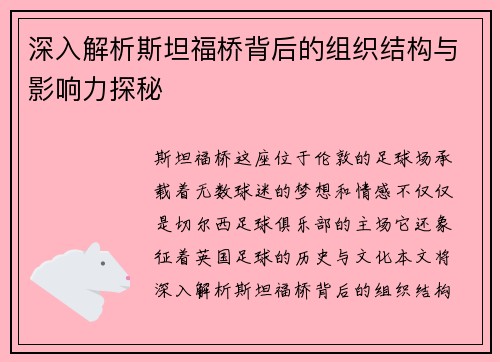 深入解析斯坦福桥背后的组织结构与影响力探秘